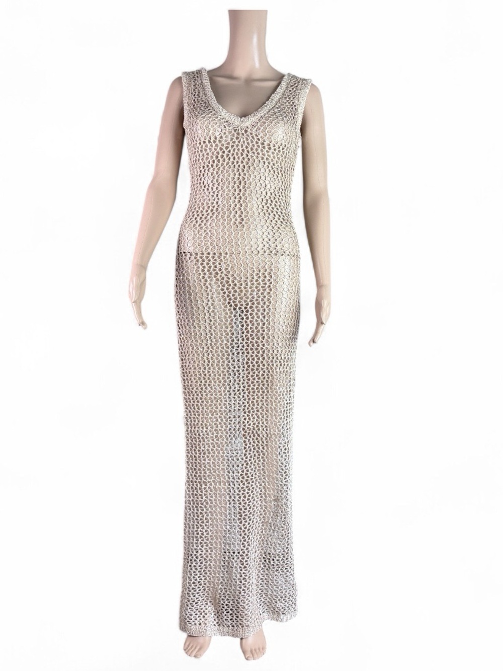 White Fox Angel Eyes Champagne Crochet Beach Cover-Up Maxi Dress - Picture 2 of 8